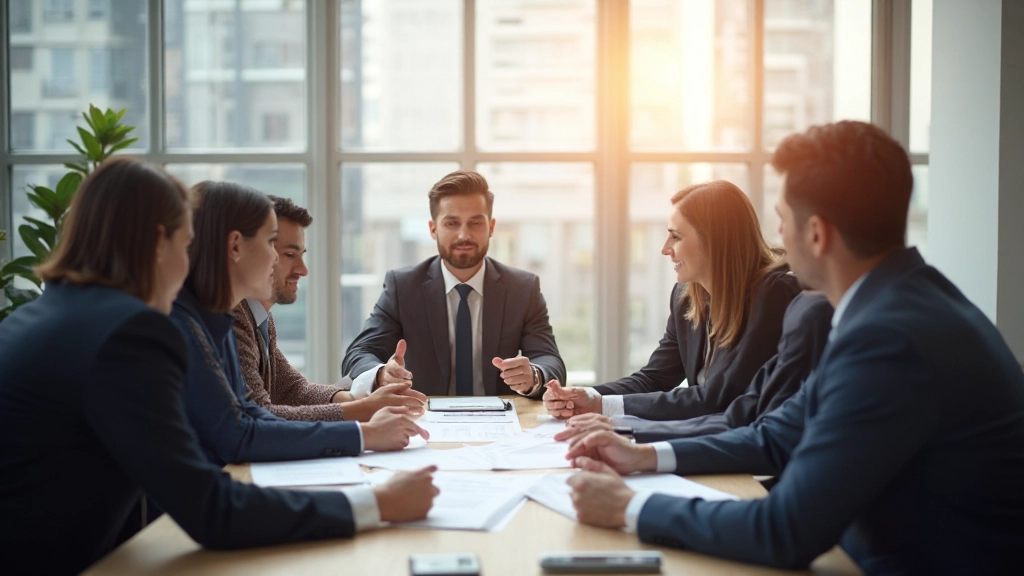 Группа профессионалов обсуждает стратегию рекламной кампании в конференц-зале